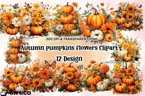 Download Autumn Pumpkins with Flowers Clipart - Autumn Collection