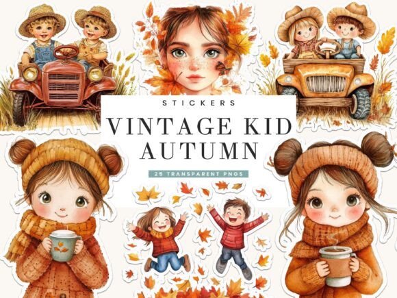 Download Vintage Autumn Kids Fussy Cut Stickers - Autumn Collection