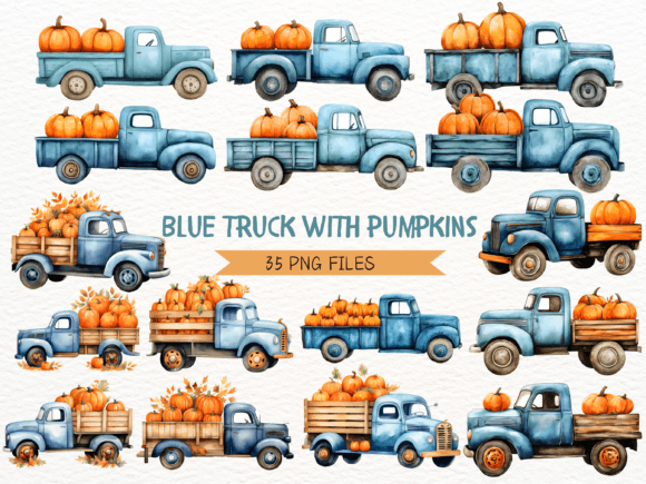 Download Blue Autumn Truck with Pumpkins - Autumn Collection